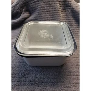 Vintage MCM enamel/glass lid storage refrigerator dish Beco Ware 6" square